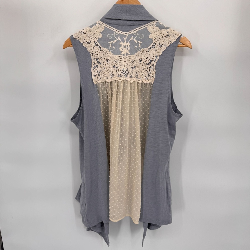LOGO Cardigan Vest Womens XL Blue Cotton Cream Swiss Dot Lace Trim Romantic - Picture 8 of 10
